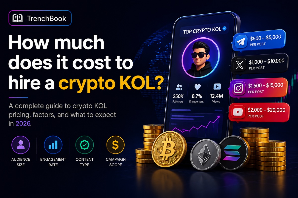 How much does it cost to hire a crypto KOL — pricing driven by audience size, engagement rate, content type, and campaign scope, with sample per-post ranges from $500 on Telegram to $20,000 on YouTube.