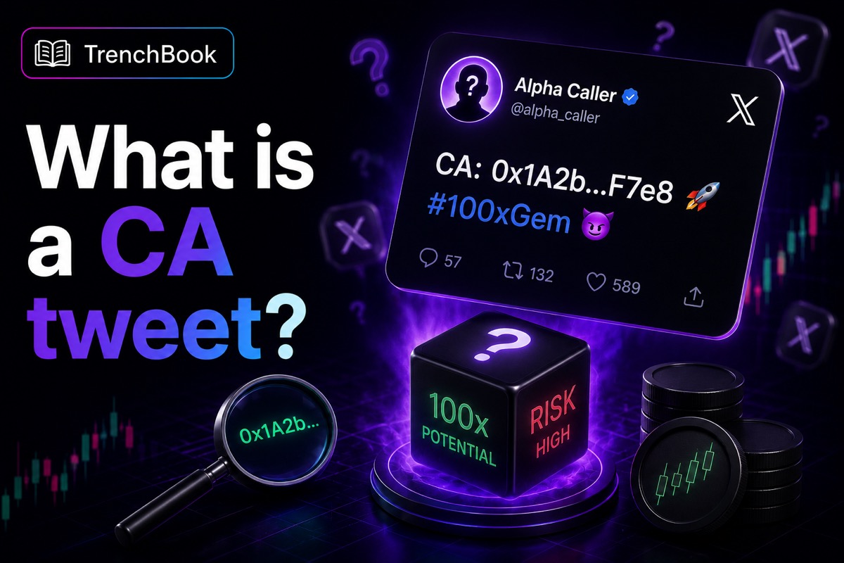What is a CA tweet — a contract address shared on X, with 100x potential and high rug-pull risk.